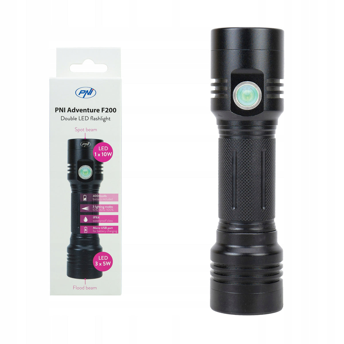 Aluminiowa latarka PNI F200 podwójna dioda LED 4000mAh 3 diody LED