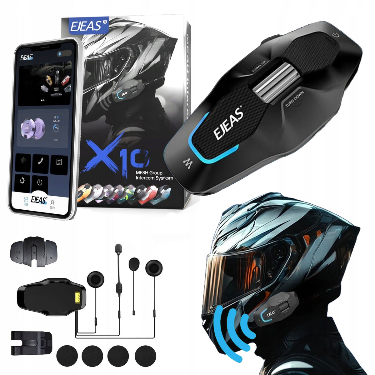 Interkom Motocyklowy EJEAS X10 mesh 4.0 + Bluetooth + 5G zasięg 1,5 km gray