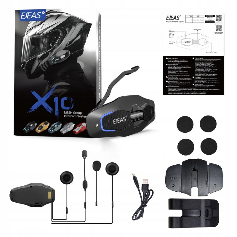 Interkom motocyklowy EJEAS X10 Plus mesh 3.0 100osobowy 1500m 300h radio