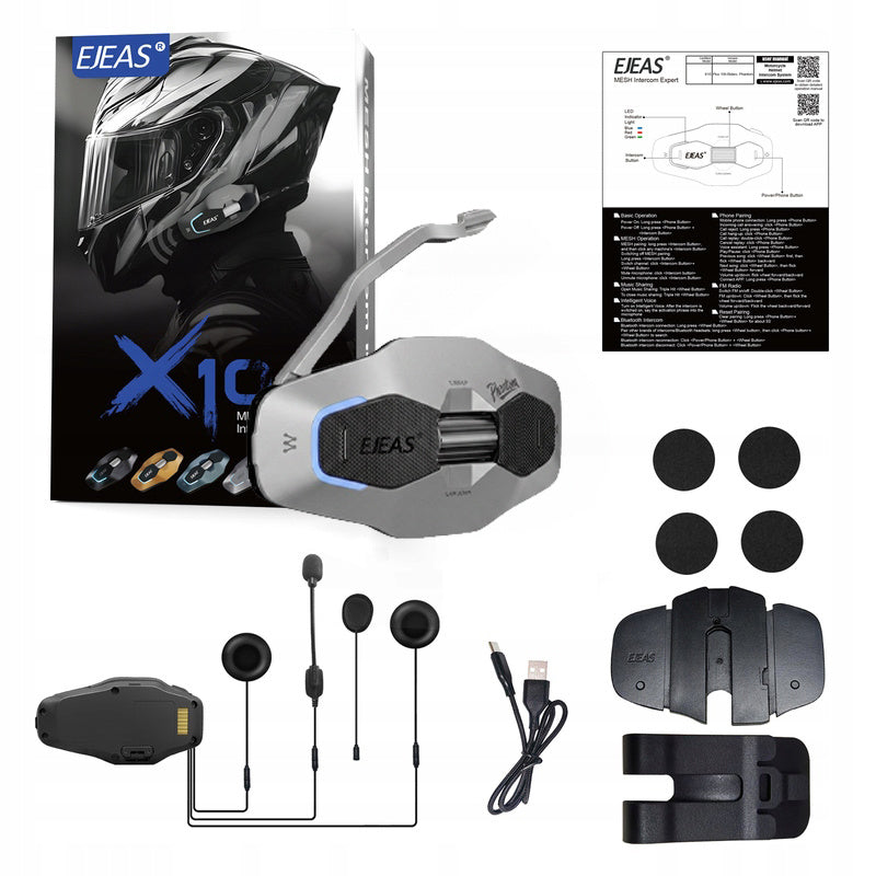 Interkom motocyklowy EJEAS X10 Plus mesh 3.0 100osobowy 1500m 300h szary