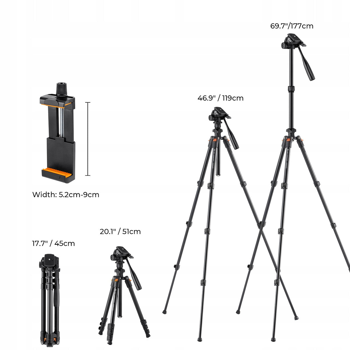 K&f concept regylowany statyw od 51 do 177CM + uchwyt na telefon + torba