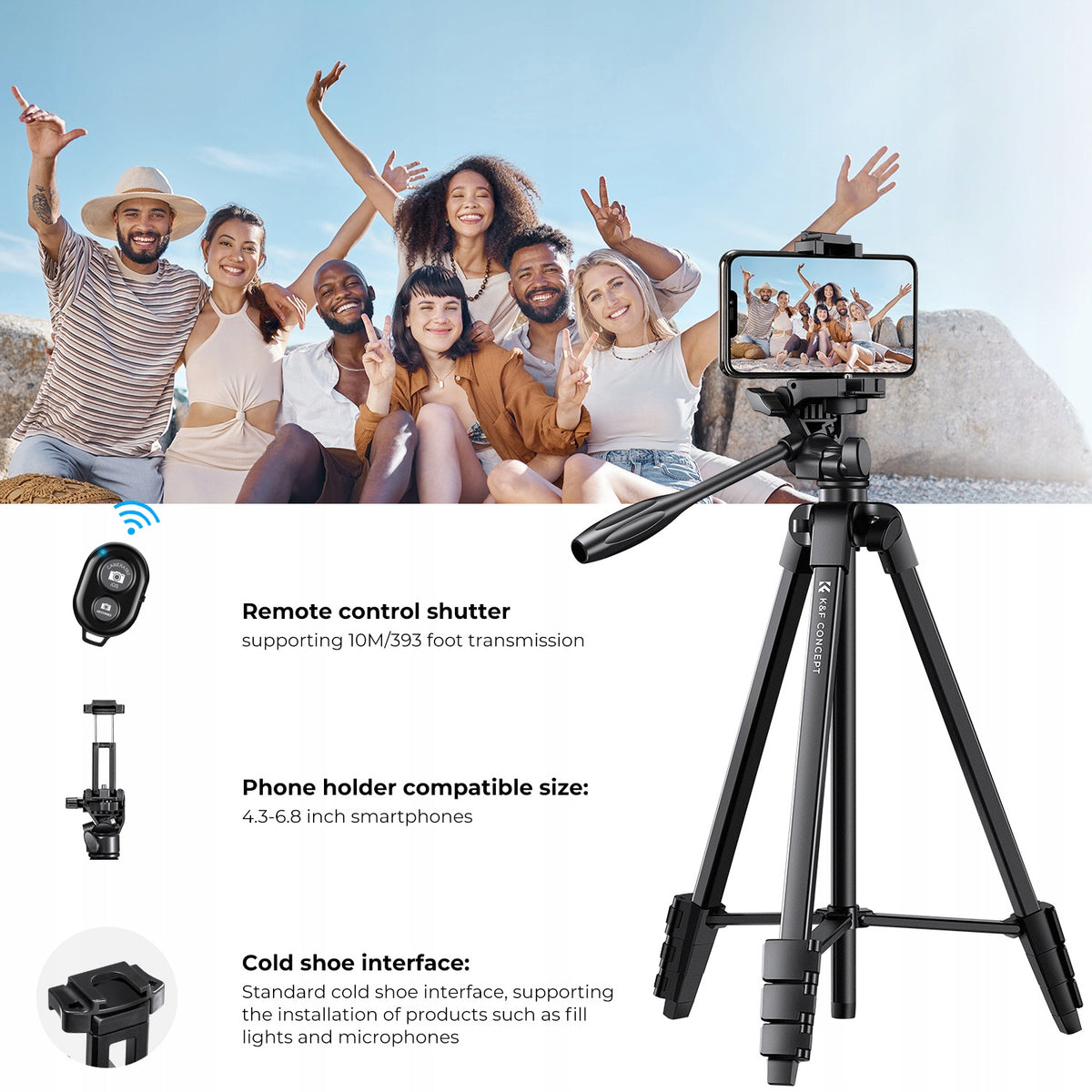 K&f Lekki statyw 150cm ze sterowaniem Bluetooth uchwytem na telefon B174A1