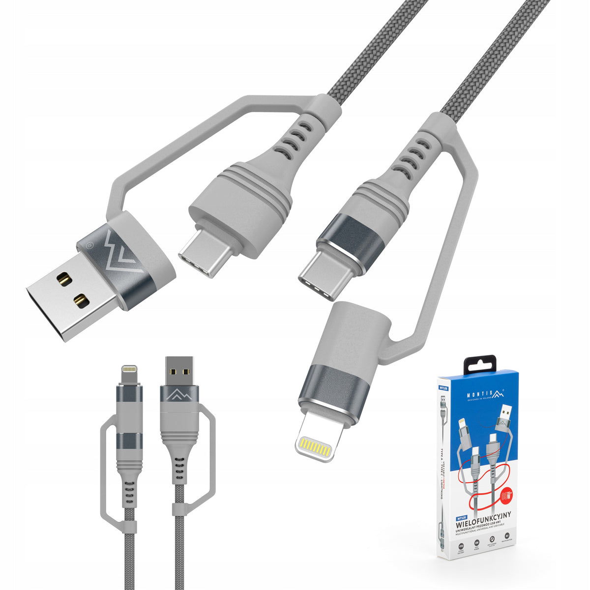 Kabel przewód mocny szybki 4w1 USB-A USB-C Lightning szybkie ładowanie 65W