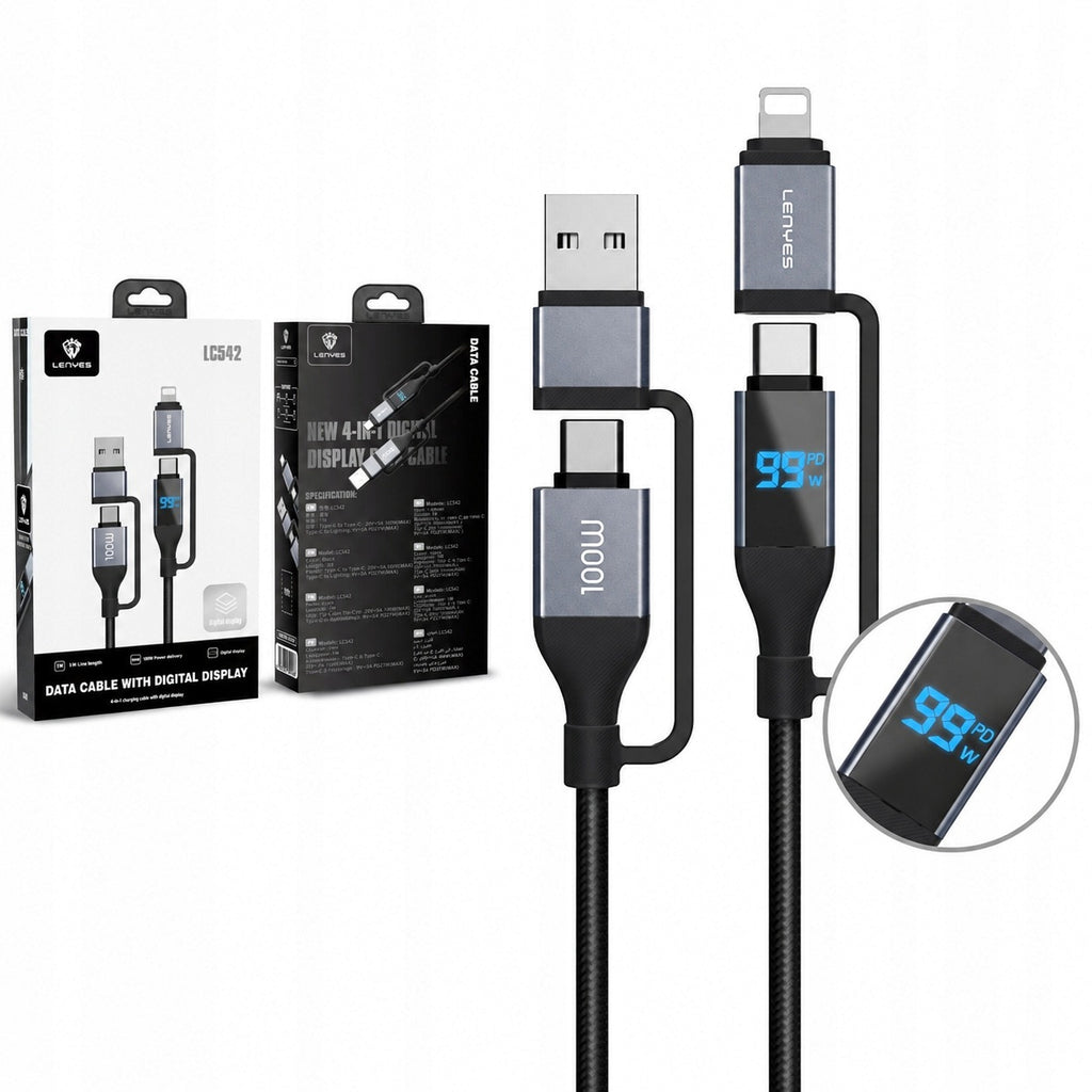 Kabel kabel 4w1 z wyświetlaczem LENYES LC542 USB-A i USB-C / USB-C i Lightning