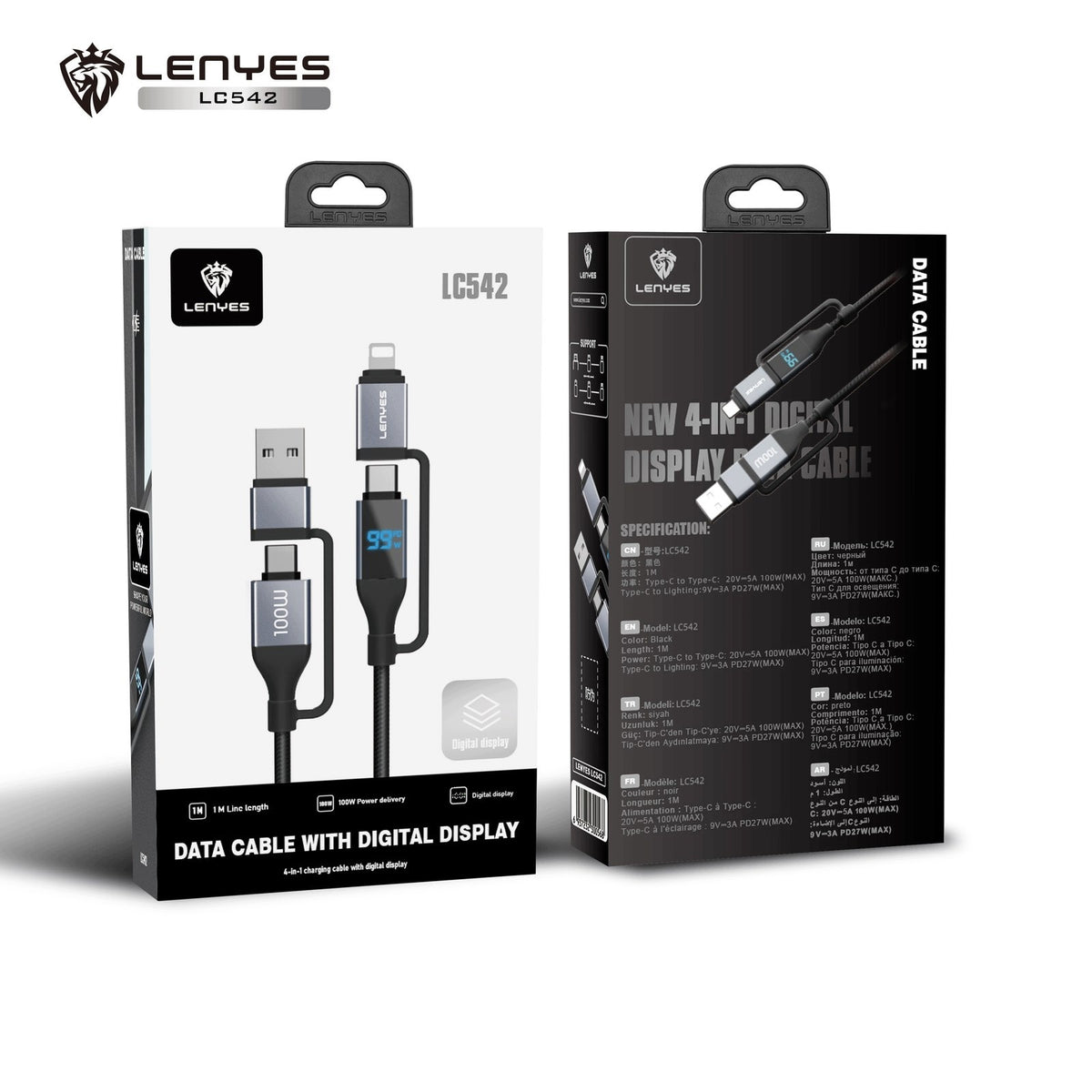 Kabel kabel 4w1 z wyświetlaczem LENYES LC542 USB-A i USB-C / USB-C i Lightning