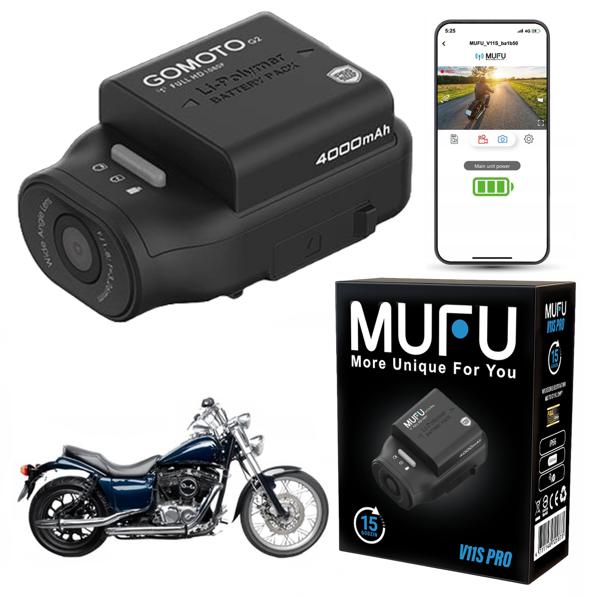Kamera wideorejestrator na motocykl MUFU V11S pro Full HD 30fps BATERIA15h