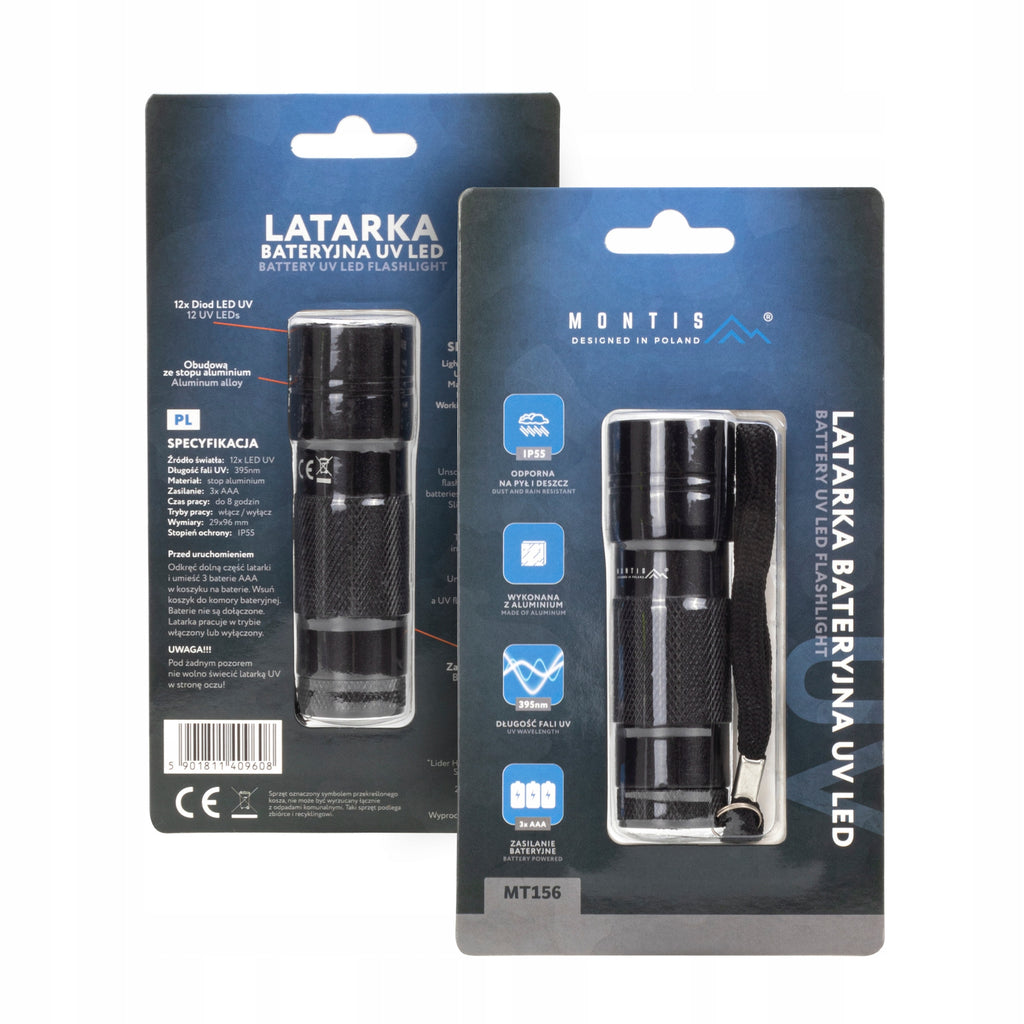Latarka UV ultraviolet LED aluminiowa bateryjna poręczna wytrzymała 395nm