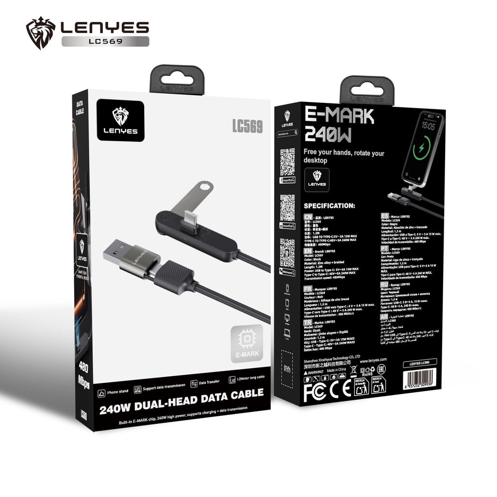 LENYES Kabel 2w1 240 W z podstawką pod telefon 1,20 m LC569
