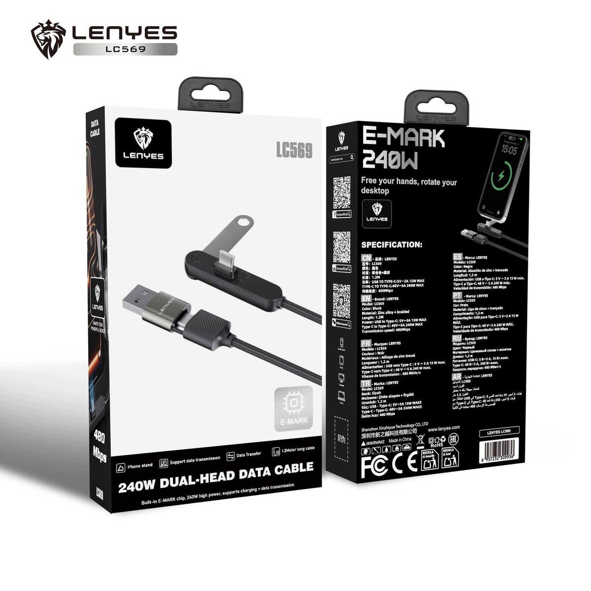 LENYES Kabel 2w1 240 W z podstawką pod telefon 1,20 m LC569