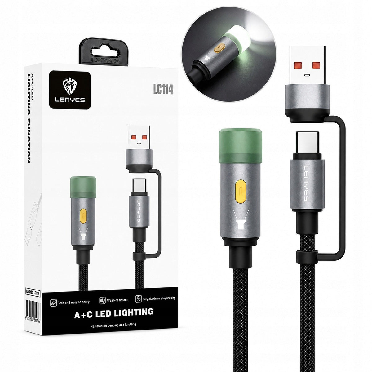 LENYES Kabel 2w1 z lampką LED LC114