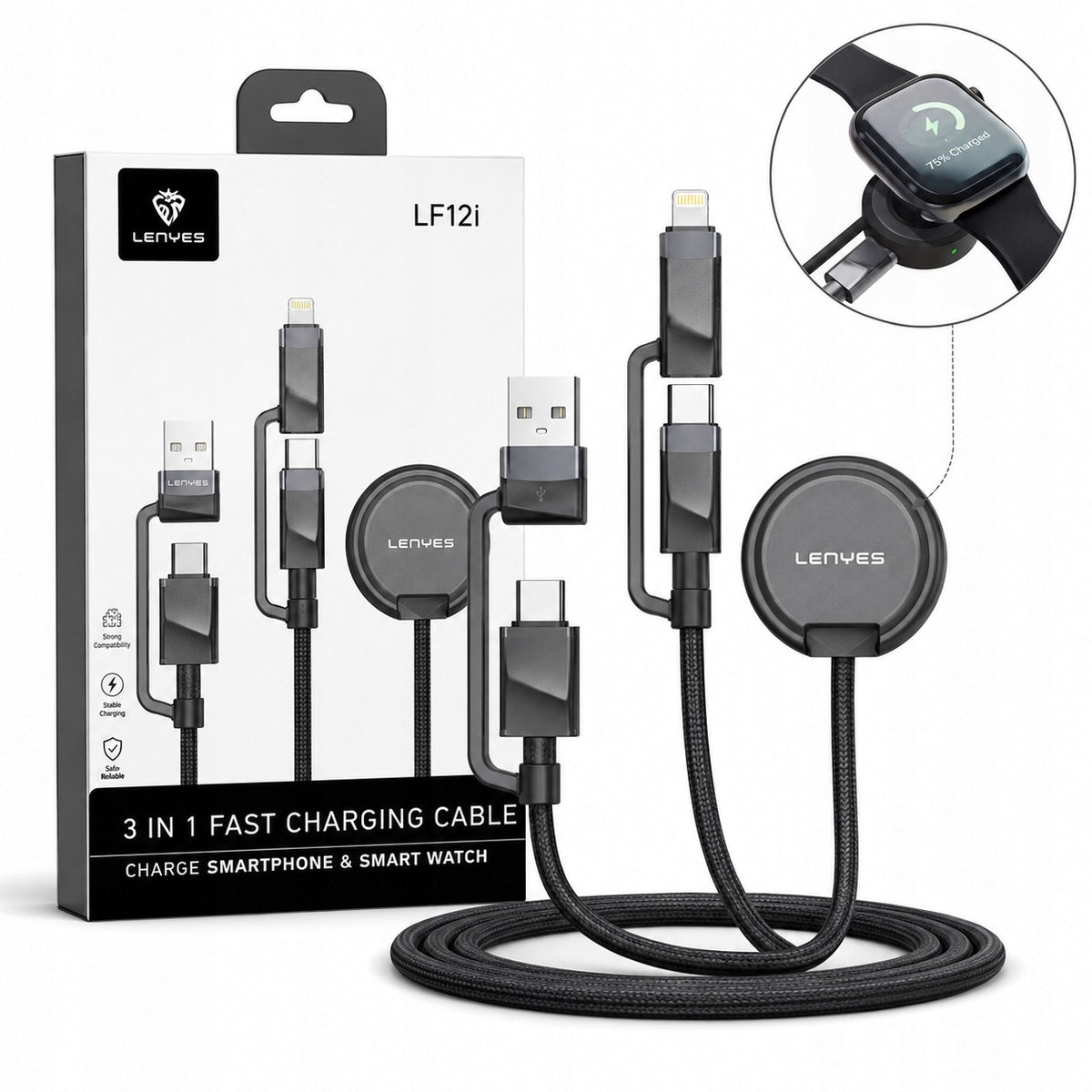 LENYES Kabel 3w1 USB-C 60 W z ładowarką do smartwatcha 1,00 m LC541