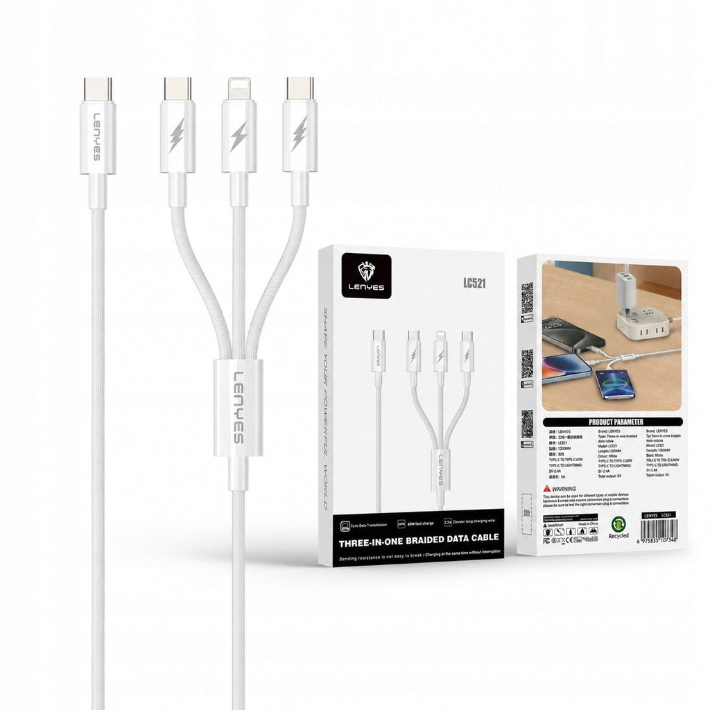 LENYES Kabel 3w1 w oplocie, podwójne wyjście 60W 1,20 m LC521
