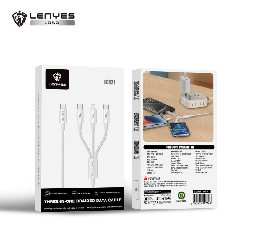 LENYES Kabel 3w1 w oplocie, podwójne wyjście 60W 1,20 m LC521
