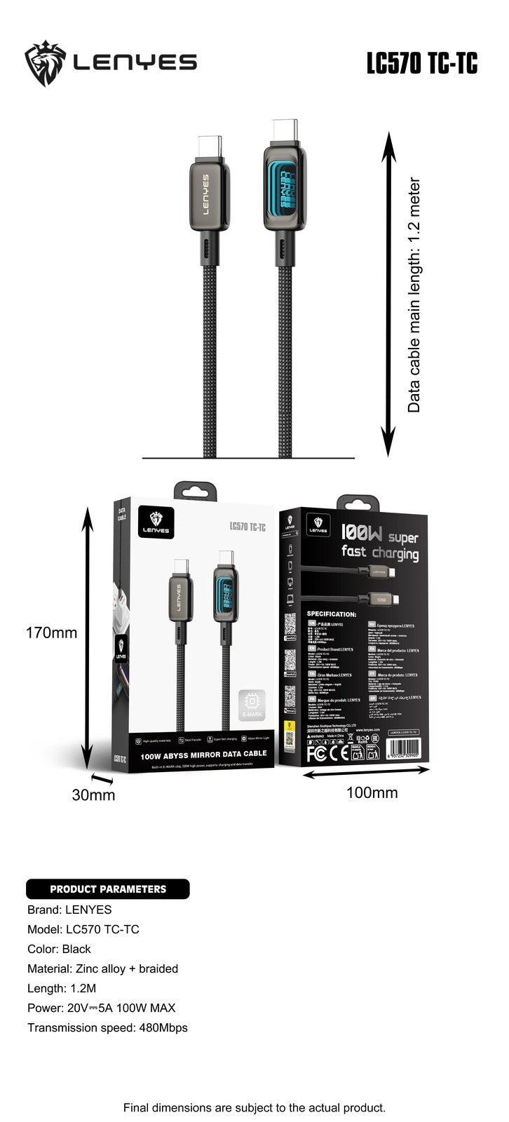 LENYES Kabel USB-C 100 W z podświetlaną diodą LED 1,20 m LC570 TC-TC