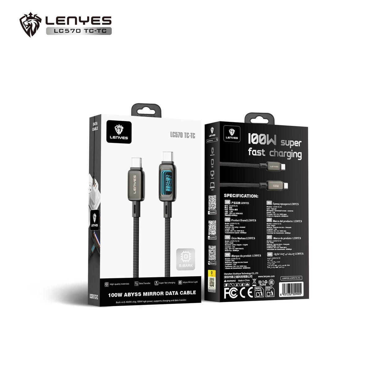 LENYES Kabel USB-C 100 W z podświetlaną diodą LED 1,20 m LC570 TC-TC