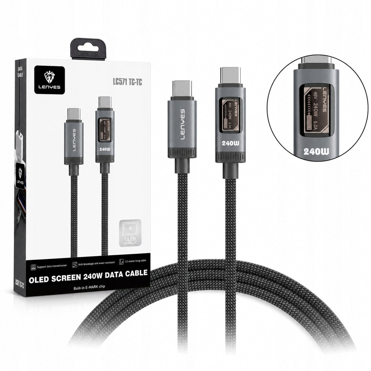 LENYES Kabel USB-C 240 W z wyświetlaczem OLED 1,20 m LC571 TC-TC