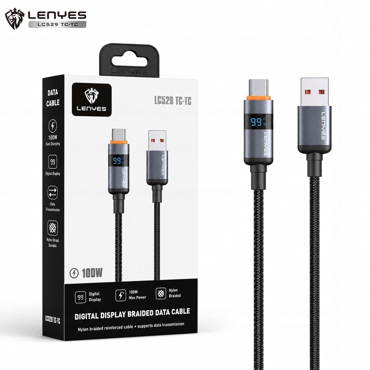 LENYES Kabel USB-C 66 W z wyświetlaczem mocy 1,00 m LC529 TC