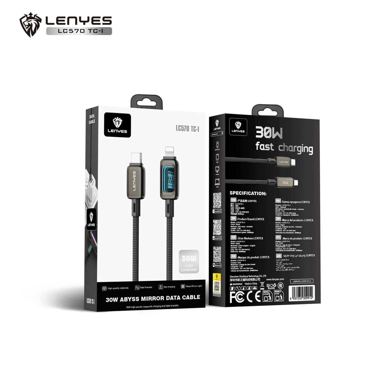 LENYES Kabel USB-C — Lightning 30 W z podświetlaną diodą LED LC570 TC-I