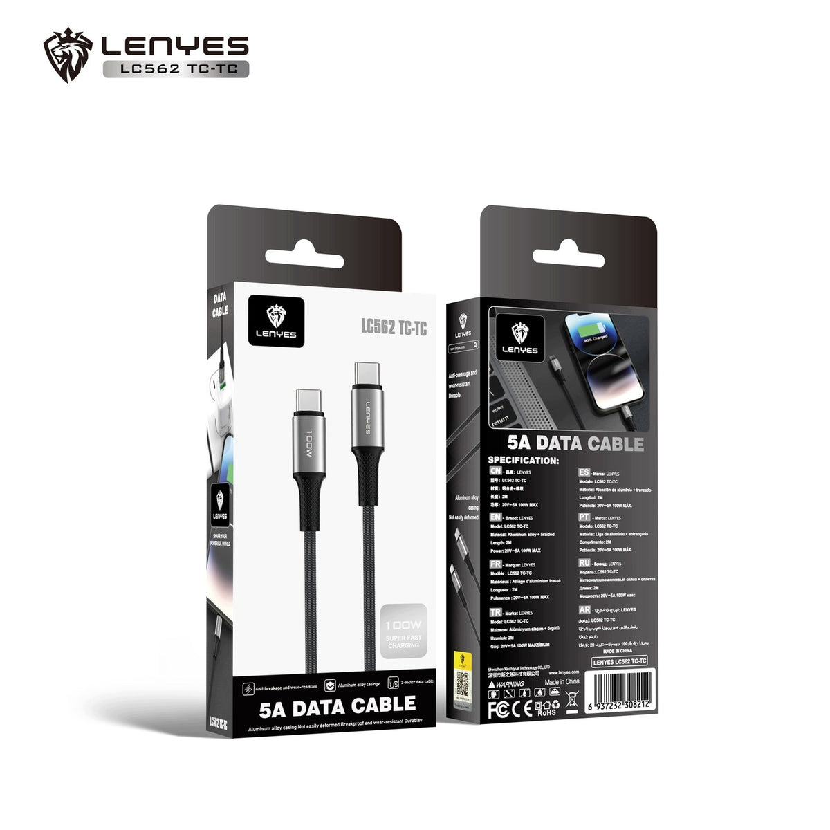 LENYES Kabel USB-C — USB-C 100 W w oplocie 2,00 m LC562 TC-TC