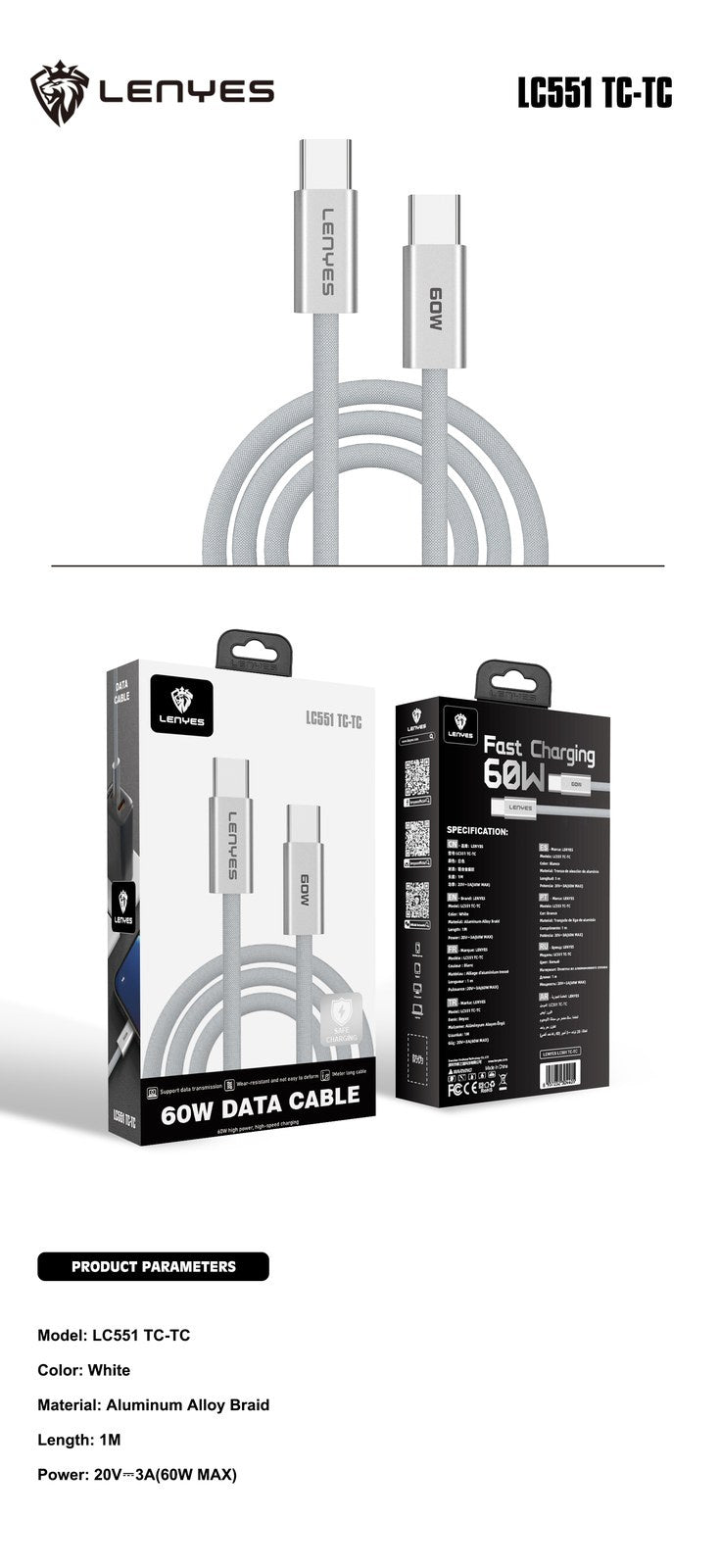LENYES Kabel USB-C — USB-C 60 W w oplocie 1,00 m LC551 TC-TC