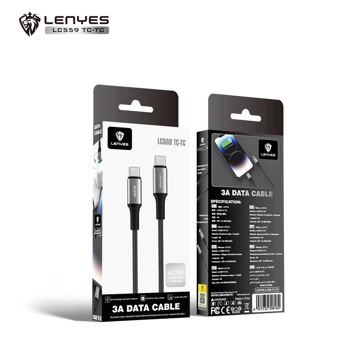 LENYES Kabel USB-C — USB-C 60 W w oplocie 1,00 m LC559 TC-TC