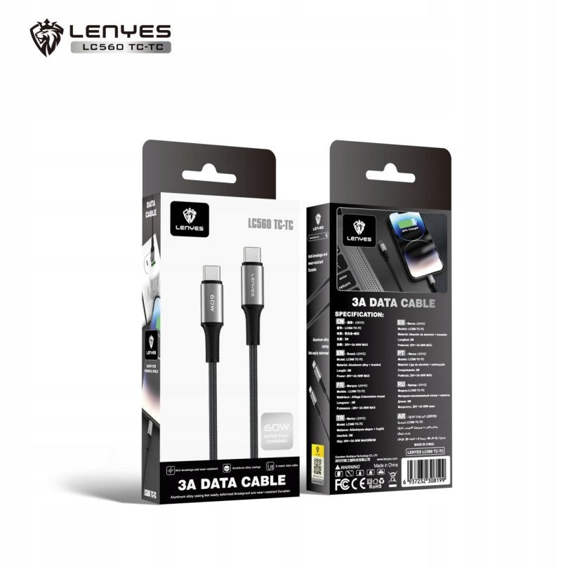 LENYES Kabel USB-C — USB-C 60 W w oplocie 2,00 m LC560 TC-TC