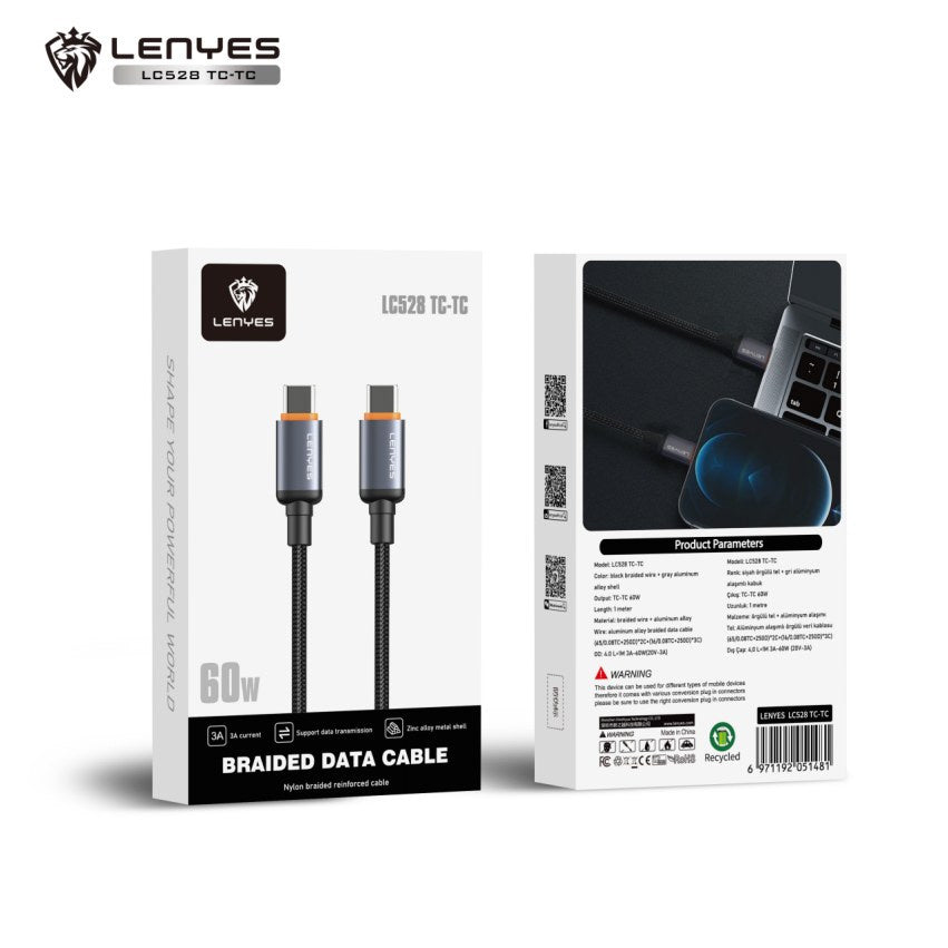 LENYES Kabel USB-C — USB-C w oplocie 60W 1,00 m LC528 TC-TC