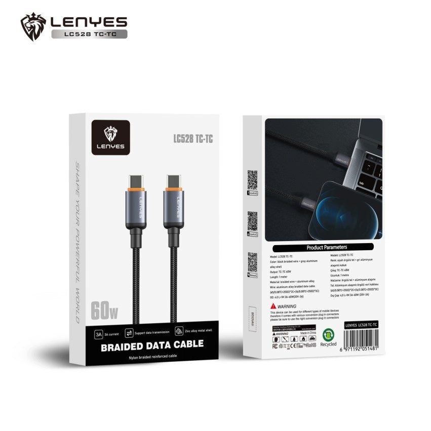 LENYES Kabel USB-C — USB-C w oplocie 60W 1,00 m LC528 TC-TC