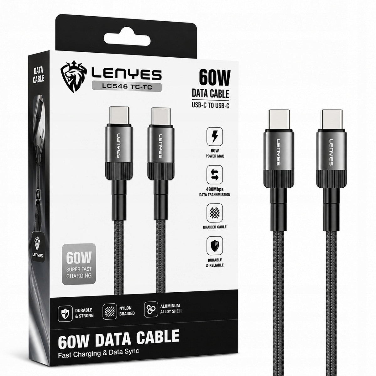 LENYES Kabel USB-C — USB-C w oplocie aluminiowym 60W 1,00 m LC546 TC-TC