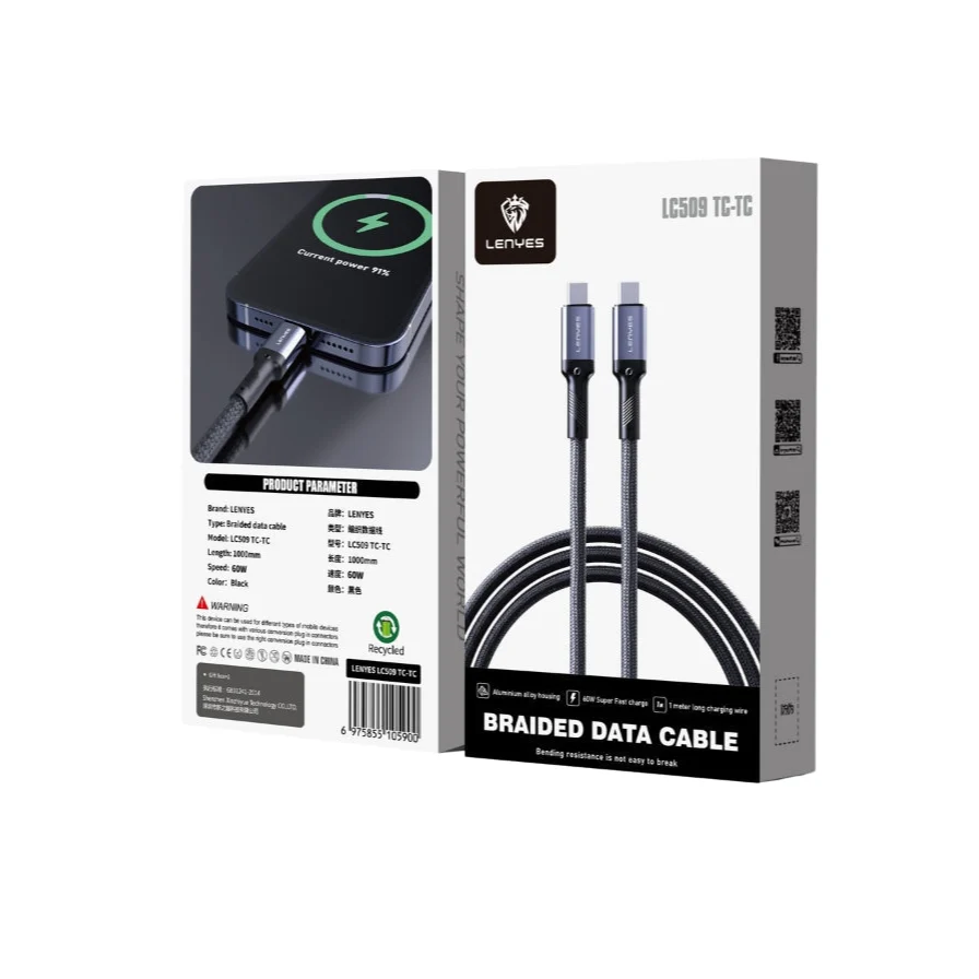 LENYES Kabel USB-C — USB-C w oplocie nylonowym 1,00 m LC509 TC-TC