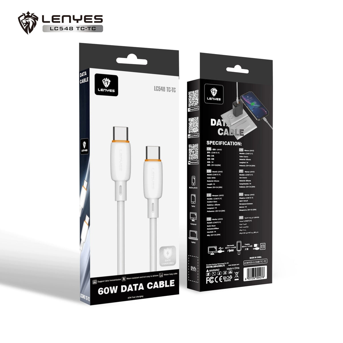LENYES Kabel silikonowy USB-C — USB-C 60 W 1,00 m LC548 TC-TC