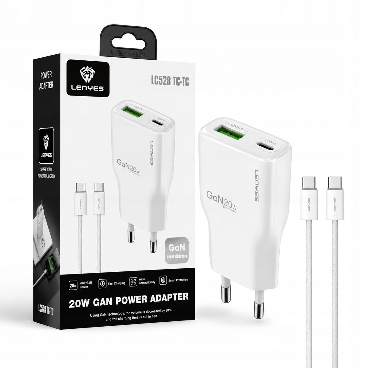 LENYES Ładowarka sieciowa GaN 20 W 1x USB-A + 1x USB-C LCH11 EU TC-TC