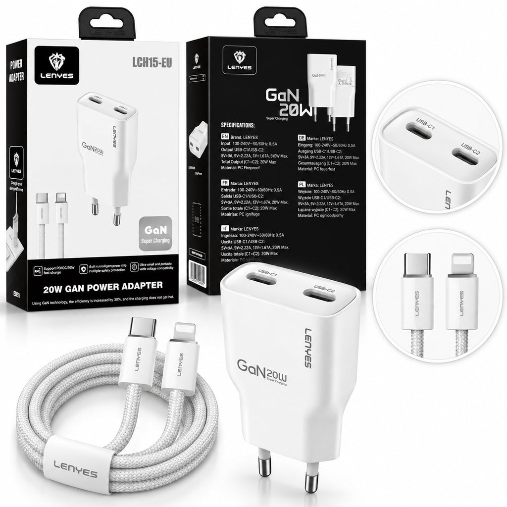 LENYES Ładowarka sieciowa GaN 20 W, 2x USB-C LCH15 EU TC-I