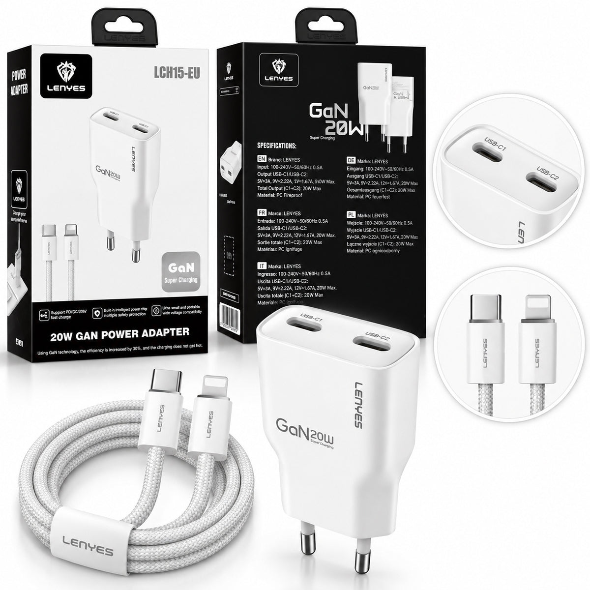 LENYES Ładowarka sieciowa GaN 20 W, 2x USB-C LCH15 EU TC-I