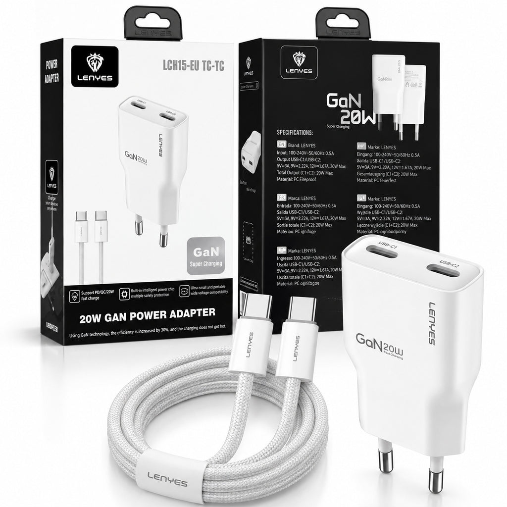 LENYES Ładowarka sieciowa GaN 20 W, 2x USB-C LCH15 EU TC-TC