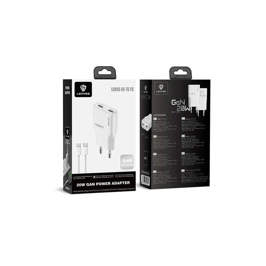 LENYES Ładowarka sieciowa GaN 20 W, 2x USB-C LCH15 EU TC-TC