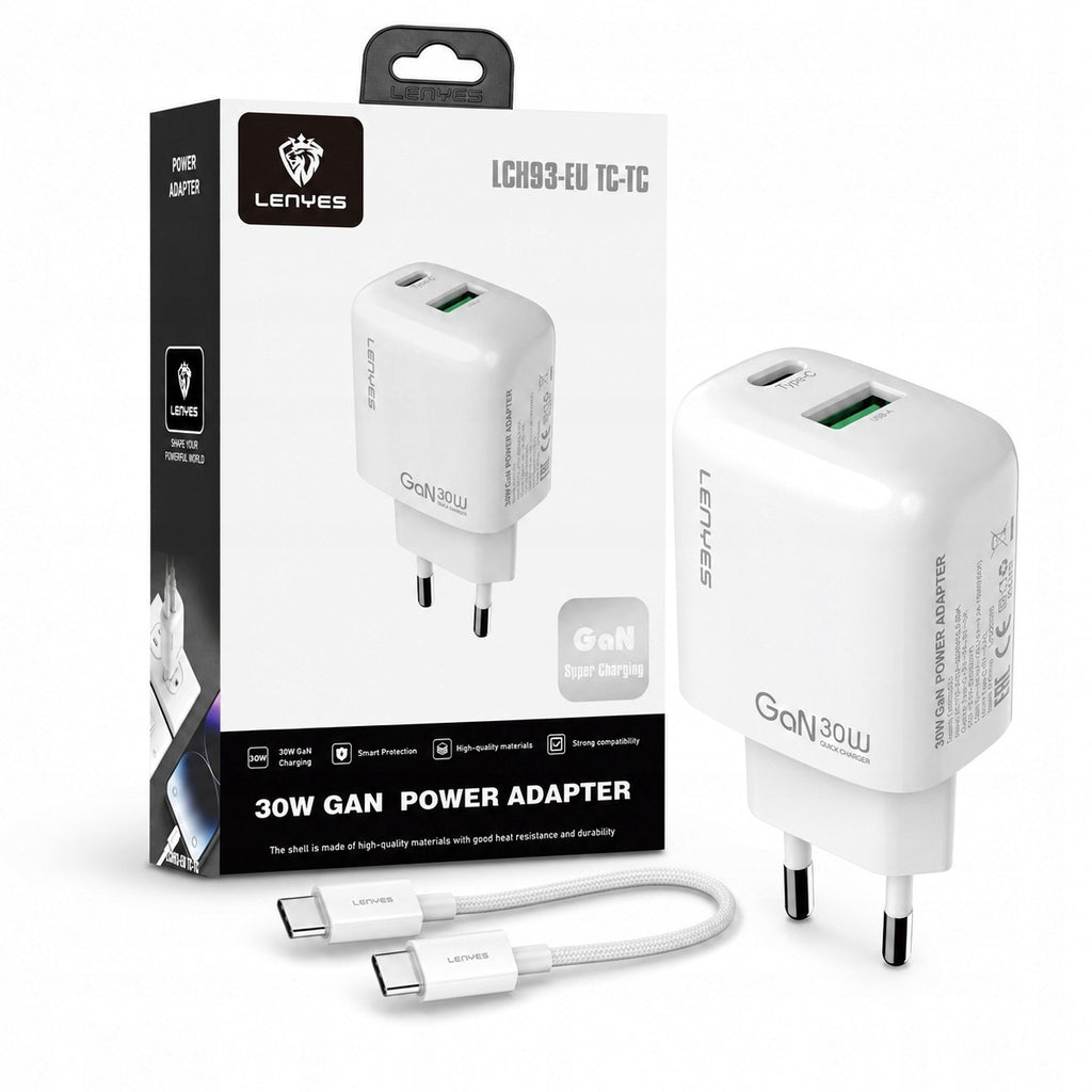 LENYES Ładowarka sieciowa GaN 30 W, USB-C + USB-A LCH93 EU TC-TC