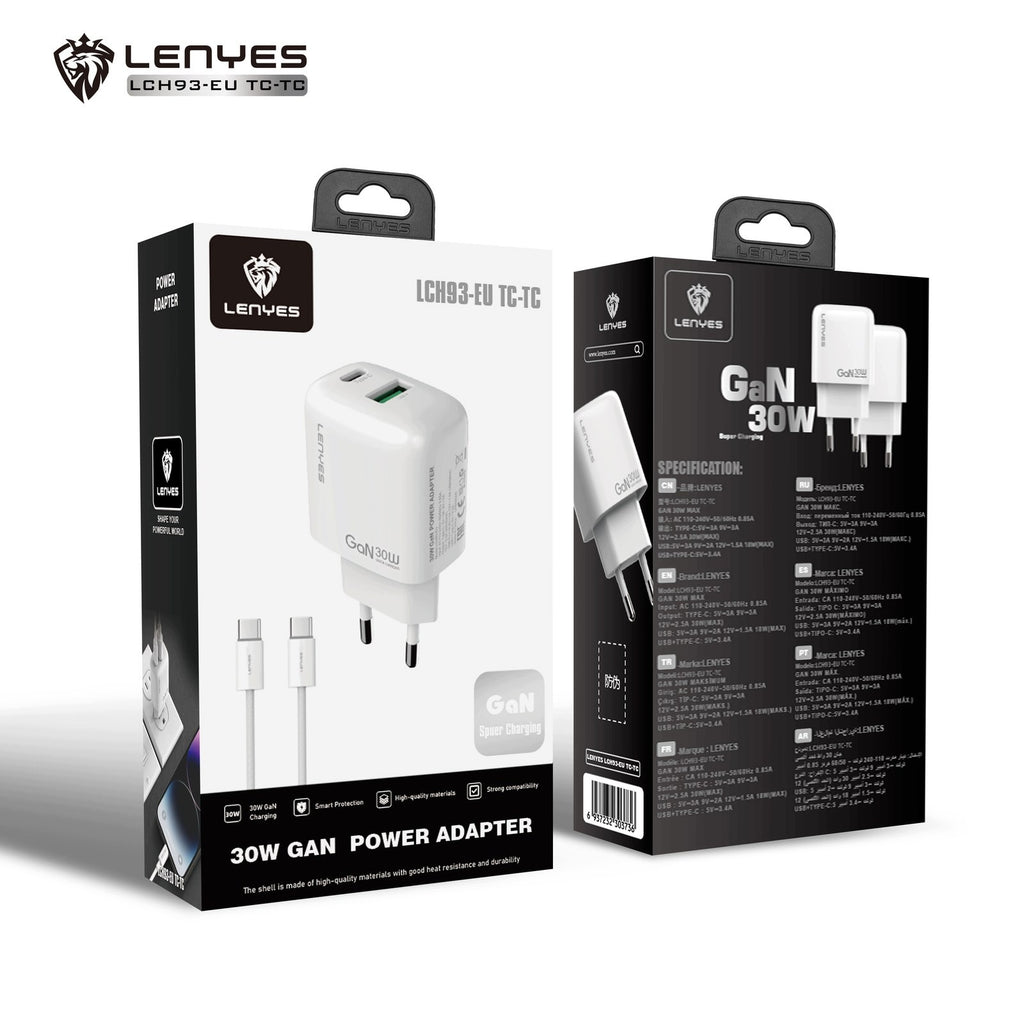 LENYES Ładowarka sieciowa GaN 30 W, USB-C + USB-A LCH93 EU TC-TC