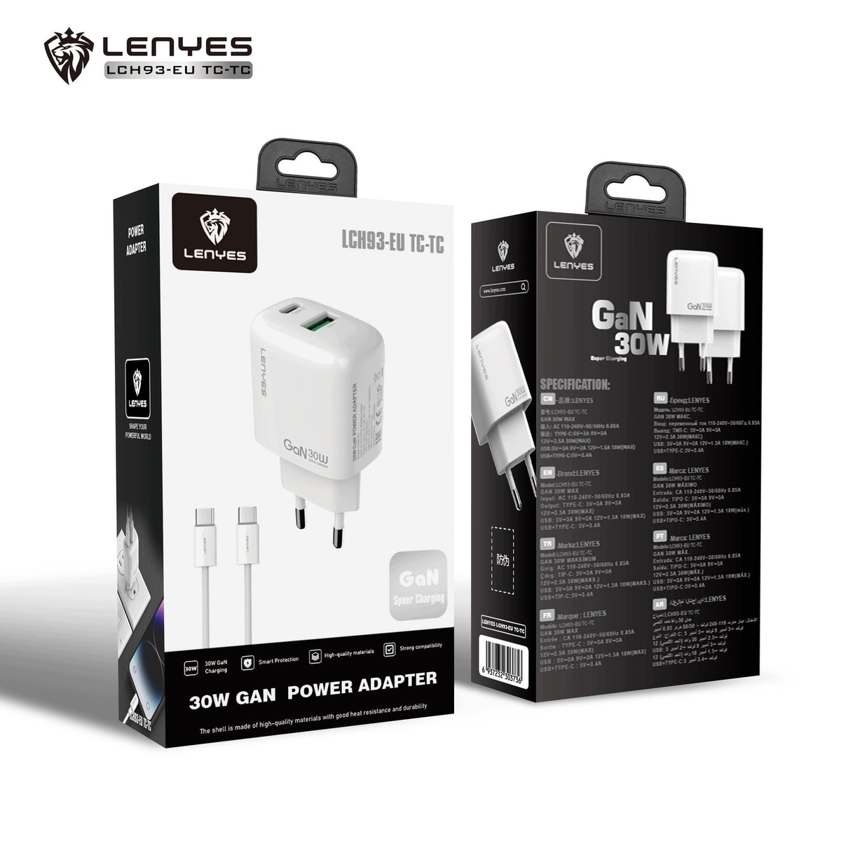 LENYES Ładowarka sieciowa GaN 30 W, USB-C + USB-A LCH93 EU TC-TC