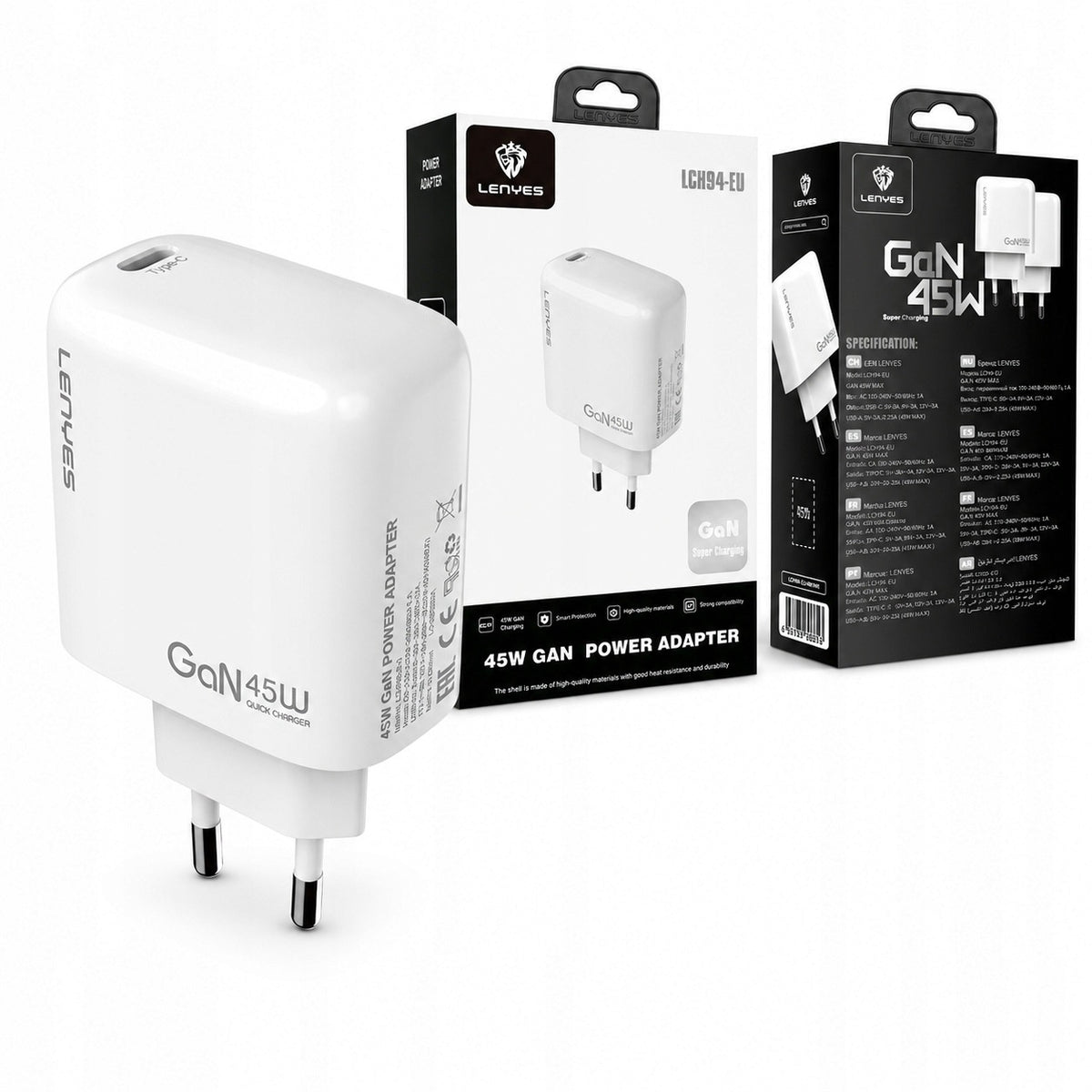 LENYES Ładowarka sieciowa GaN 45 W, USB-C + USB-A LCH94 EU TC-TC