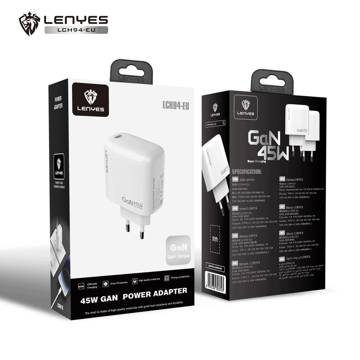 LENYES Ładowarka sieciowa GaN 45 W, USB-C + USB-A LCH94 EU TC-TC
