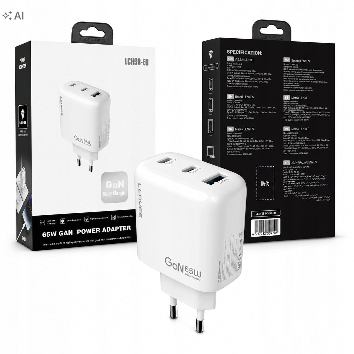 LENYES Ładowarka sieciowa GaN 65 W, 3 porty LCH96 EU TC-TC