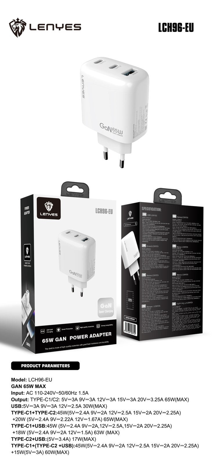 LENYES Ładowarka sieciowa GaN 65 W, 3 porty LCH96 EU TC-TC
