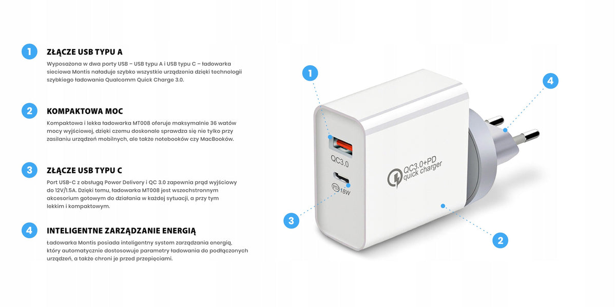 Ładowarka sieciowa MT008 , USB typ C uniwersalna 6000 mA 12 V