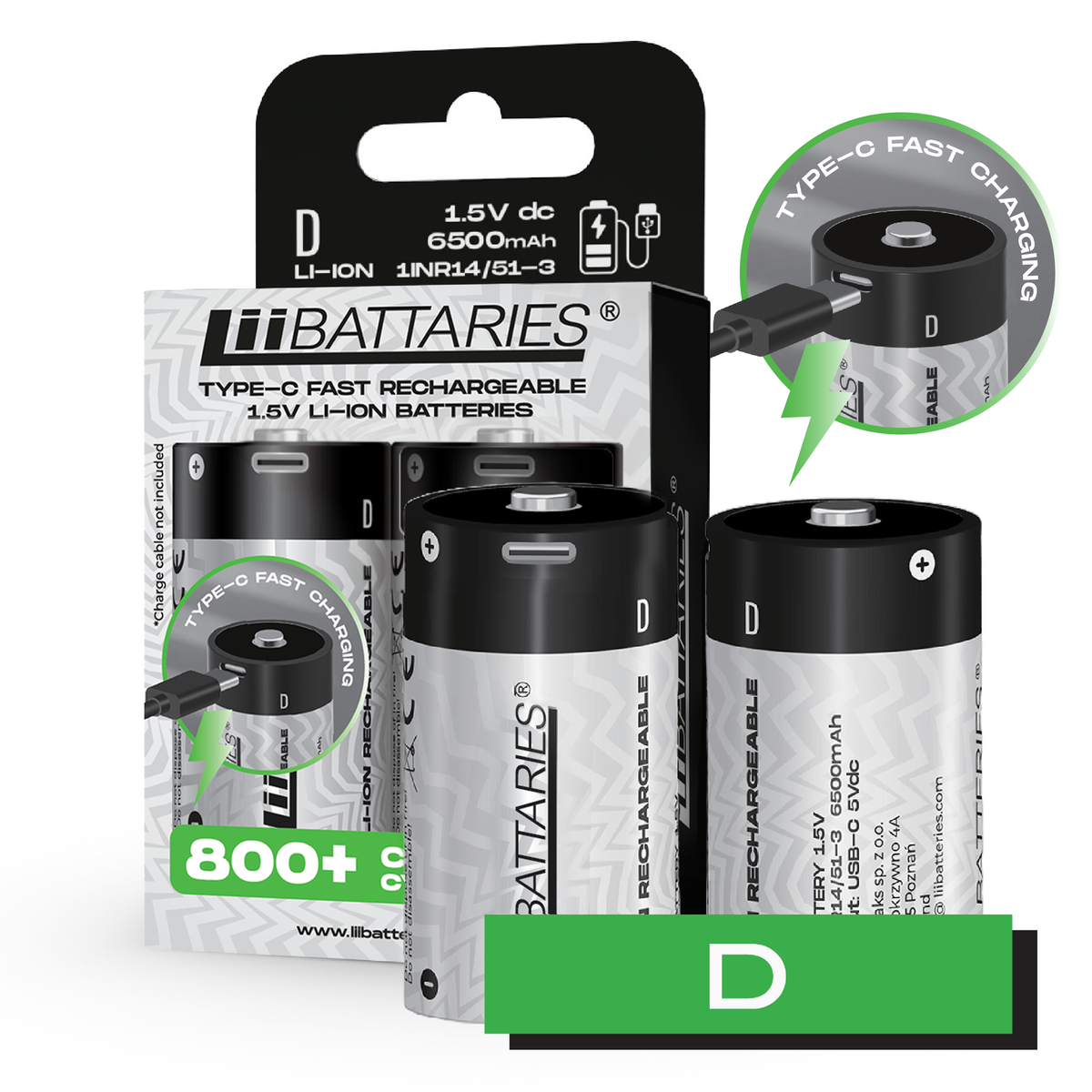 LiiBattaries mocny akumulator bateria litowo-jonowa D USB-C 2szt. 6500mAh.