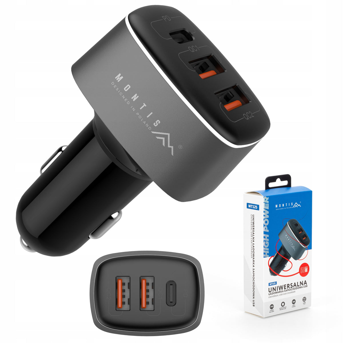 Mocna szybka ładowarka samochodowa do telefonu smartfona 56W PD QC3 3A 12V