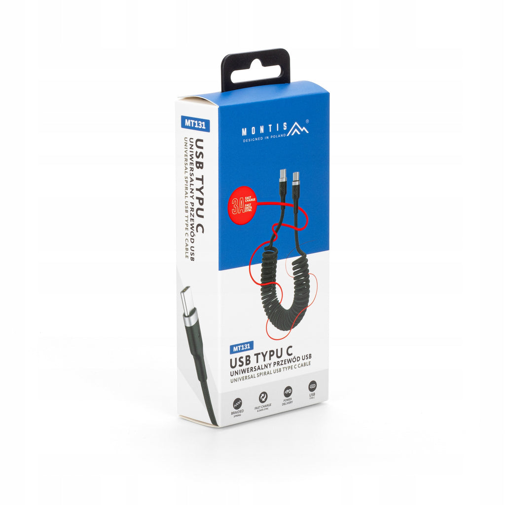 Mocny kabel przewód spiralny sprężynka USB-C USB-C oplot PD 3A 1,5M do auta