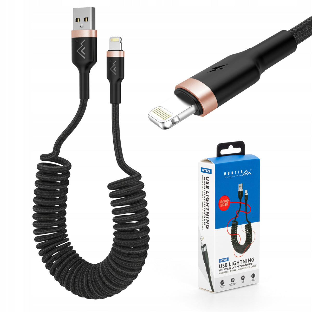 Mocny kabel przewód spiralny sprężynka USB Lightning oplot 3A 1,5M do auta