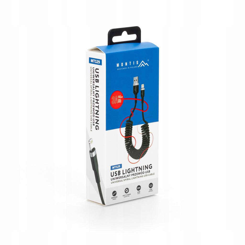 Mocny kabel przewód spiralny sprężynka USB Lightning oplot 3A 1,5M do auta
