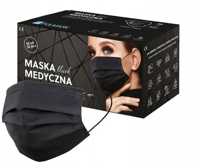 Polskie maseczki maski medyczne czarne 50 sztuk